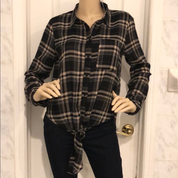 BLACK & BROWN CHECKERED FLANNEL BUTTON DOWN TOP - Picture 3 of 7